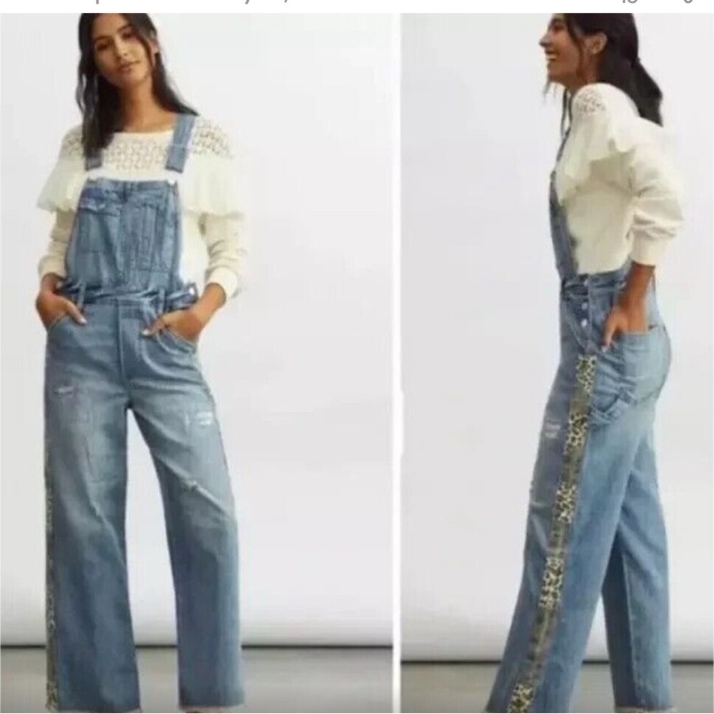 Pilcro by Anthropology “The Lex distressed denim overalls camo leopard side